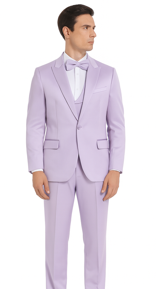 Lavender Satin 3 Piece Slim Fit Tazzio Men's Suit with Double Breasted Vest and Peak Lapel