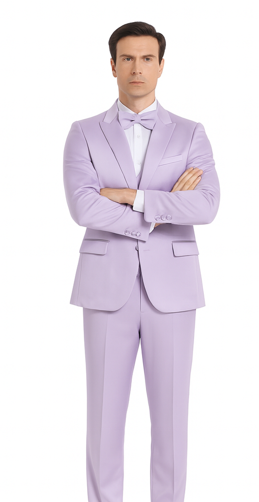 Lavender Satin 3 Piece Slim Fit Tazzio Men's Suit with Double Breasted Vest and Peak Lapel