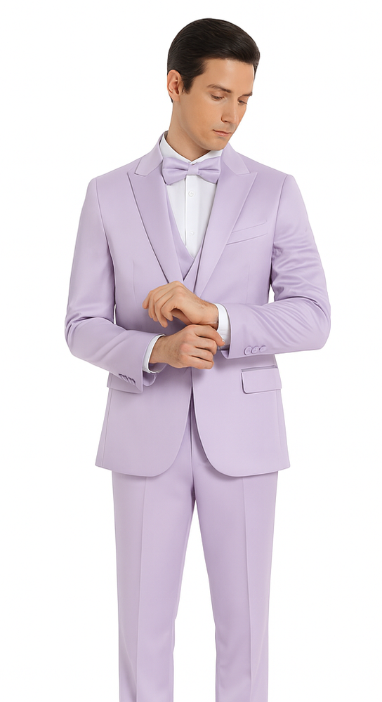 Lavender Satin 3 Piece Slim Fit Tazzio Men's Suit with Double Breasted Vest and Peak Lapel