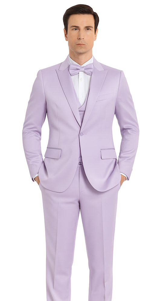 Lavender Satin 3 Piece Slim Fit Tazzio Men's Suit with Double Breasted Vest and Peak Lapel