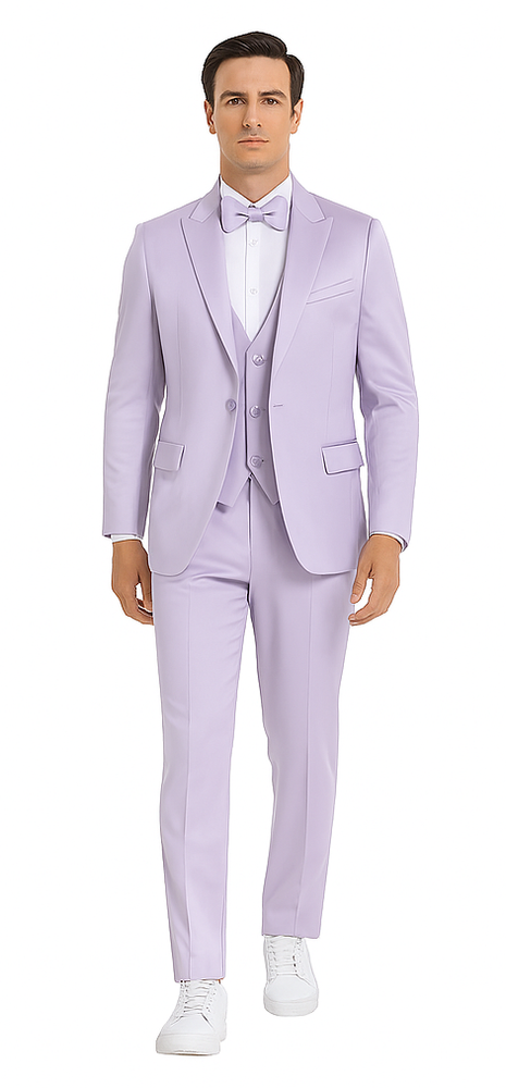 Lavender Satin 3 Piece Slim Fit Tazzio Men's Suit with Double Breasted Vest and Peak Lapel