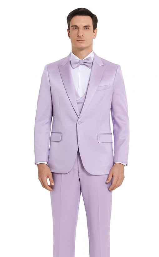 Lavender Satin 3 Piece Slim Fit Tazzio Men's Suit with Double Breasted Vest and Peak Lapel