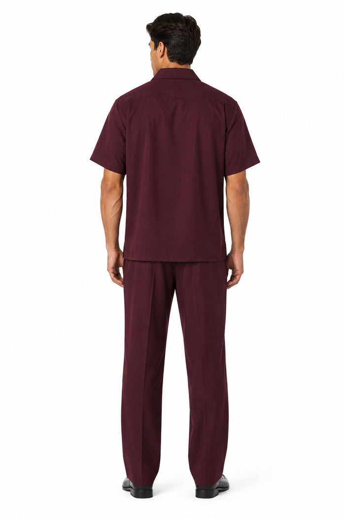 Leisure Casual Two Piece Mens Walking Outfit For Sale Pant Sets Suit Shirt & Pleated Pants Solid Burgundy ~ Wine ~ Maroon Color Short Sleeve Casual Sets
