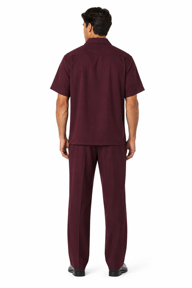 Leisure Casual Two Piece Mens Walking Outfit For Sale Pant Sets Suit Shirt & Pleated Pants Solid Burgundy ~ Wine ~ Maroon Color Short Sleeve Casual Sets