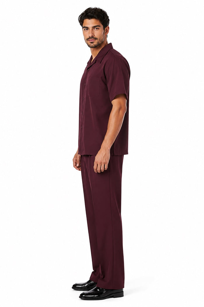 Leisure Casual Two Piece Mens Walking Outfit For Sale Pant Sets Suit Shirt & Pleated Pants Solid Burgundy ~ Wine ~ Maroon Color Short Sleeve Casual Sets