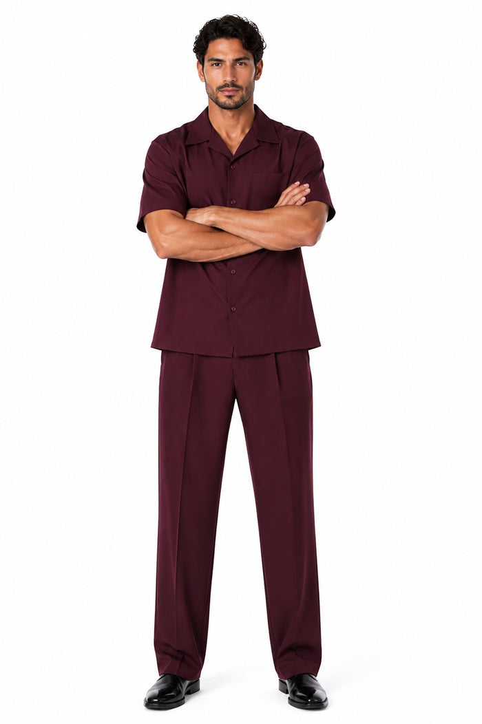 Leisure Casual Two Piece Mens Walking Outfit For Sale Pant Sets Suit Shirt & Pleated Pants Solid Burgundy ~ Wine ~ Maroon Color Short Sleeve Casual Sets
