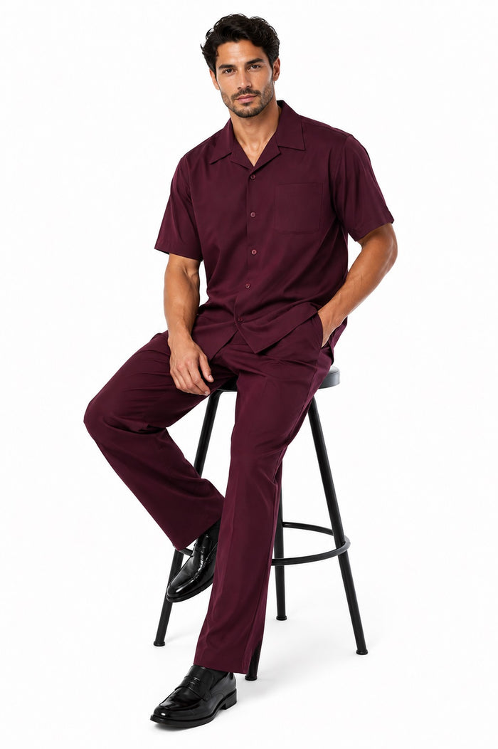 Leisure Casual Two Piece Mens Walking Outfit For Sale Pant Sets Suit Shirt & Pleated Pants Solid Burgundy ~ Wine ~ Maroon Color Short Sleeve Casual Sets