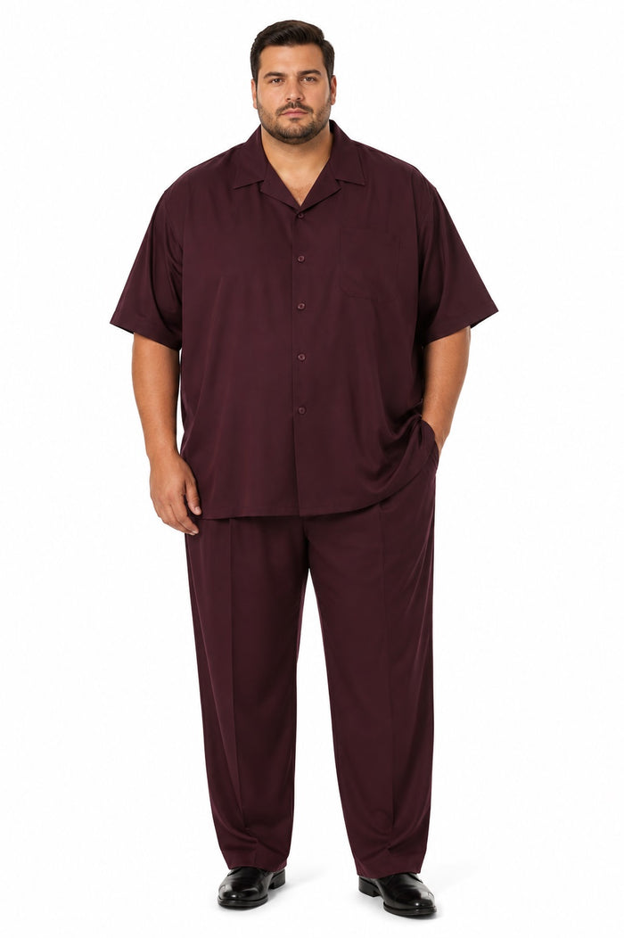 Leisure Casual Two Piece Mens Walking Outfit For Sale Pant Sets Suit Shirt & Pleated Pants Solid Burgundy ~ Wine ~ Maroon Color Short Sleeve Casual Sets