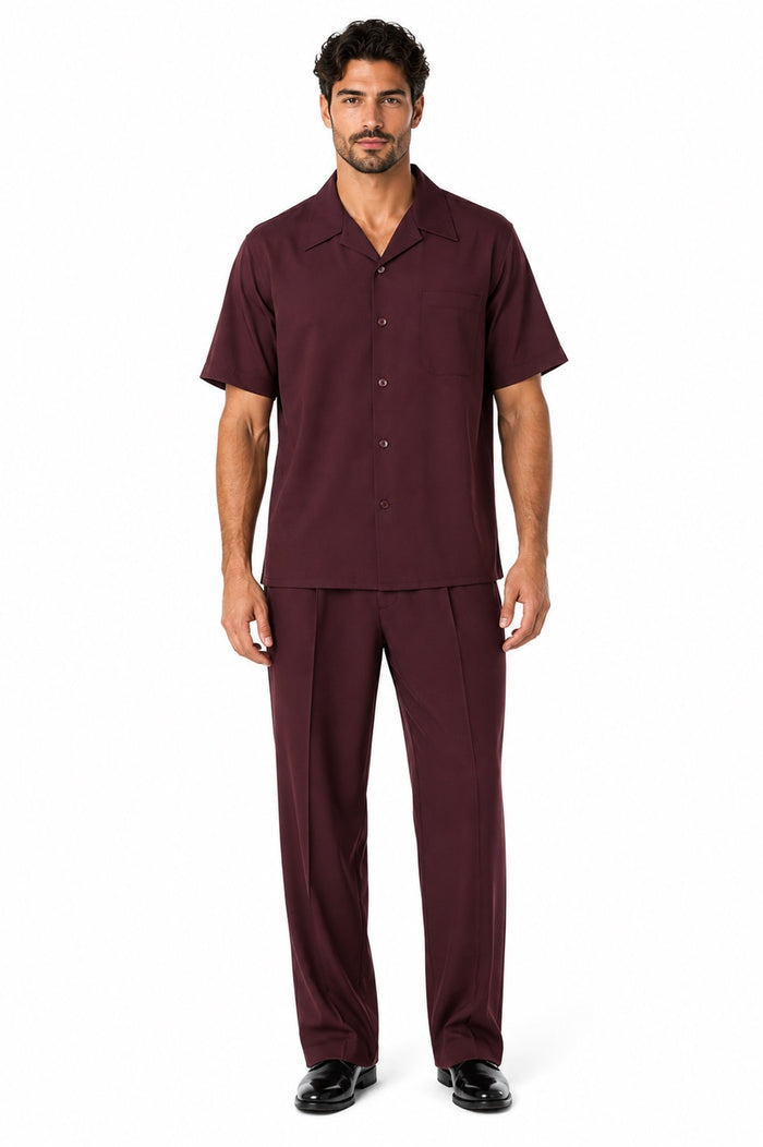 Leisure Casual Two Piece Mens Walking Outfit For Sale Pant Sets Suit Shirt & Pleated Pants Solid Burgundy ~ Wine ~ Maroon Color Short Sleeve Casual Sets