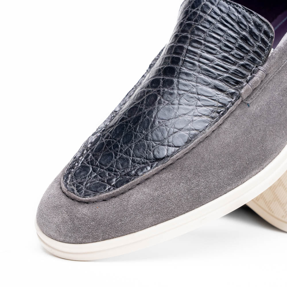 Zelli Bene Sueded Goatskin and Crocodile Loafer in Grey