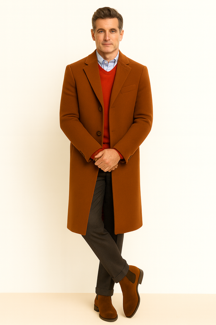 Men's Dress Coat full length Overcoat ~ Long Men's Dress Topcoat - Winter coat Rust (Cashmere Touch (not cashmere))