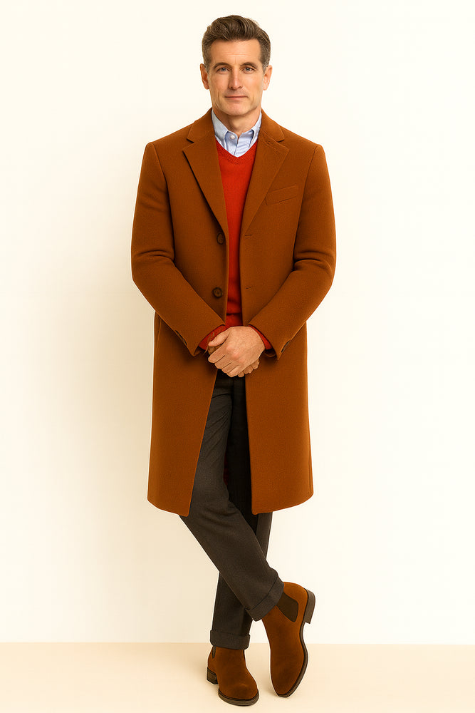 Men's Dress Coat full length Overcoat ~ Long Men's Dress Topcoat - Winter coat Rust (Cashmere Touch (not cashmere))