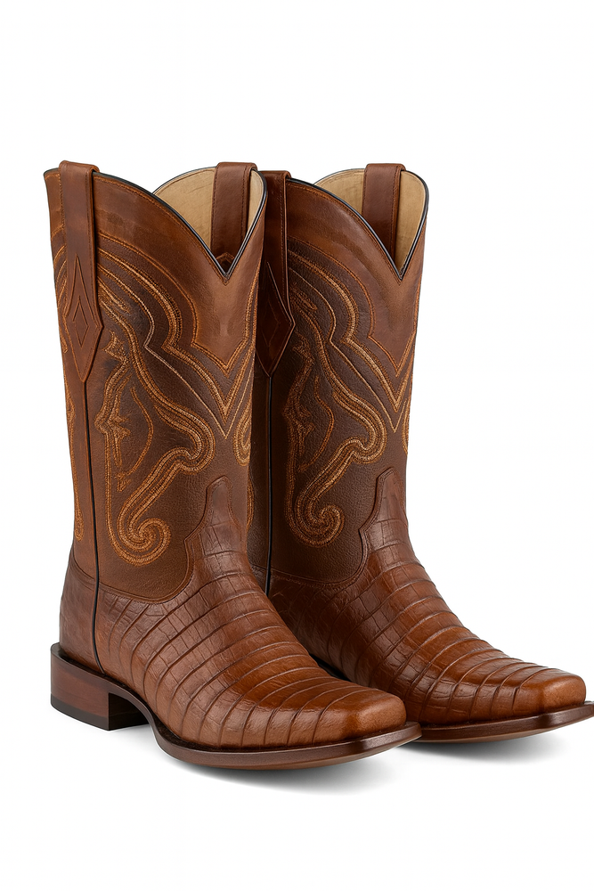 Los Altos Boots Caiman Tail Faded Brown Pointed Toe Cowboy Boots