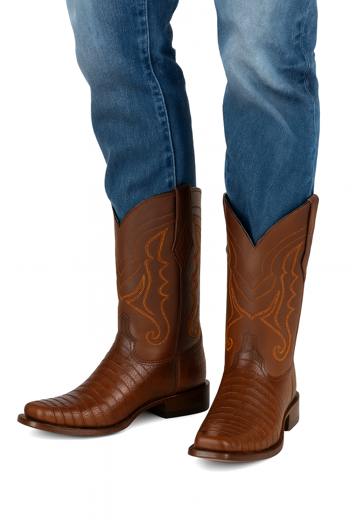 Los Altos Boots Caiman Tail Faded Brown Pointed Toe Cowboy Boots