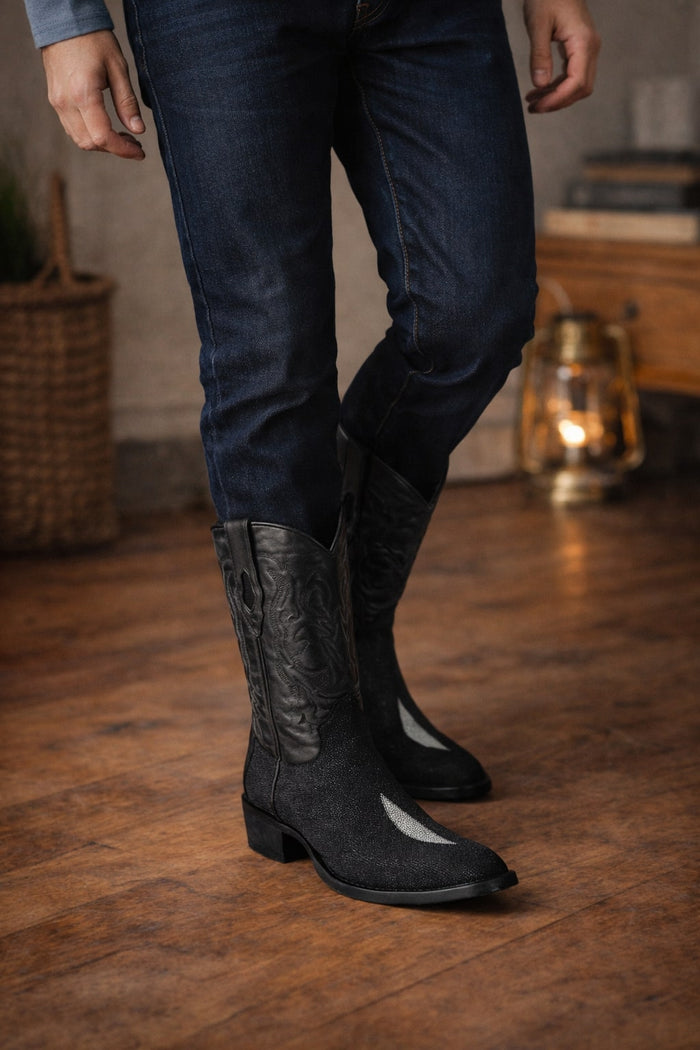 Los Altos Boots Single Stone Stingray R-Toe Black Cowboy Botas de mantarraya - Mantarraya boots
