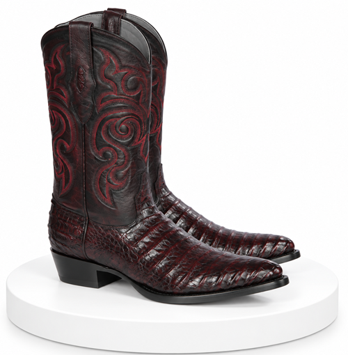 Los Altos Men's Black Cherry Caiman Belly Round Toe Boots