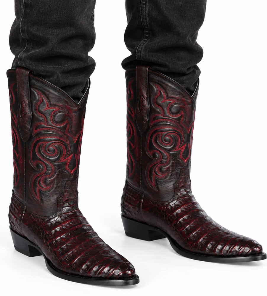 Los Altos Men's Black Cherry Caiman Belly Round Toe Boots