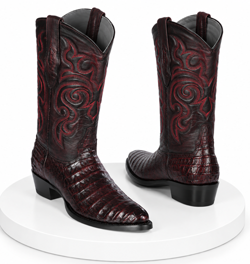 Los Altos Men's Black Cherry Caiman Belly Round Toe Boots