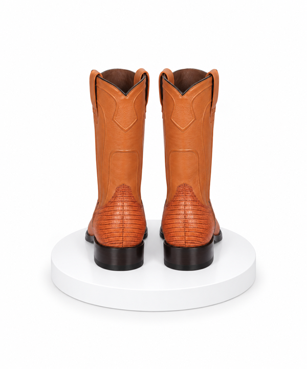 Los Altos Men’s Honey Teju Lizard Roper Toe Boots, Genuine Exotic Western Cowboy Dress Boots