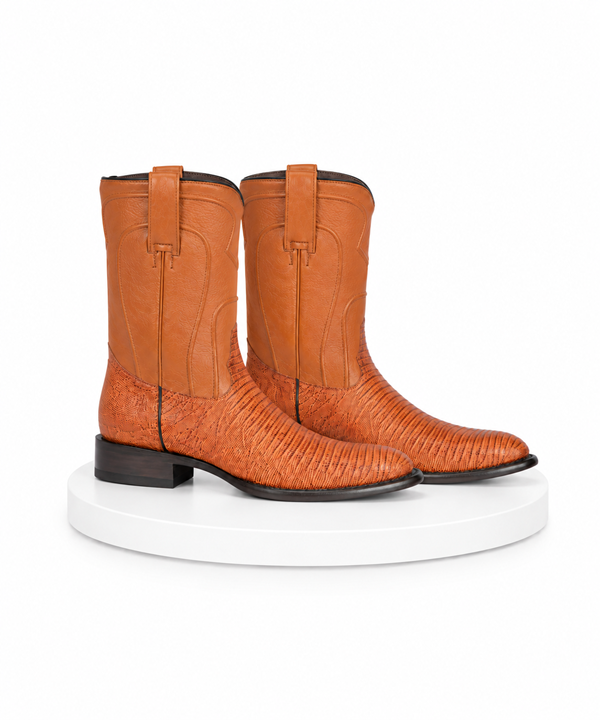 Los Altos Men’s Honey Teju Lizard Roper Toe Boots, Genuine Exotic Western Cowboy Dress Boots