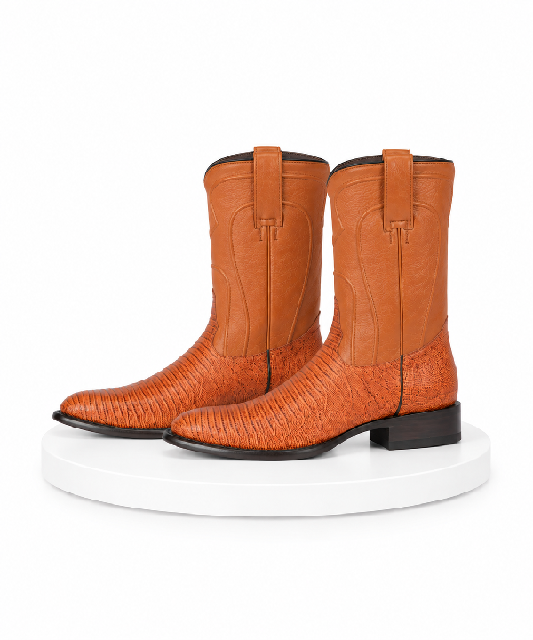 Los Altos Men’s Honey Teju Lizard Roper Toe Boots, Genuine Exotic Western Cowboy Dress Boots