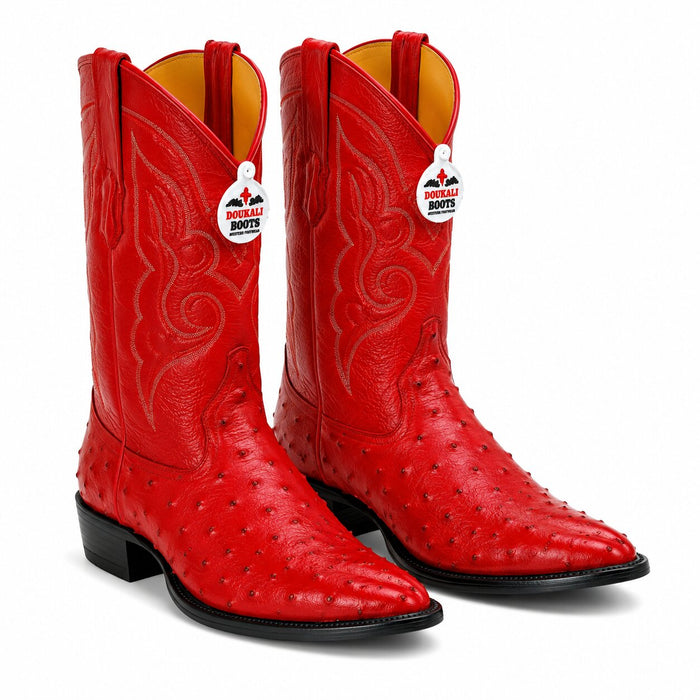 Los Altos Boots Red Ostrich J-Toe Cowboy Boots - Botas De Avestruz