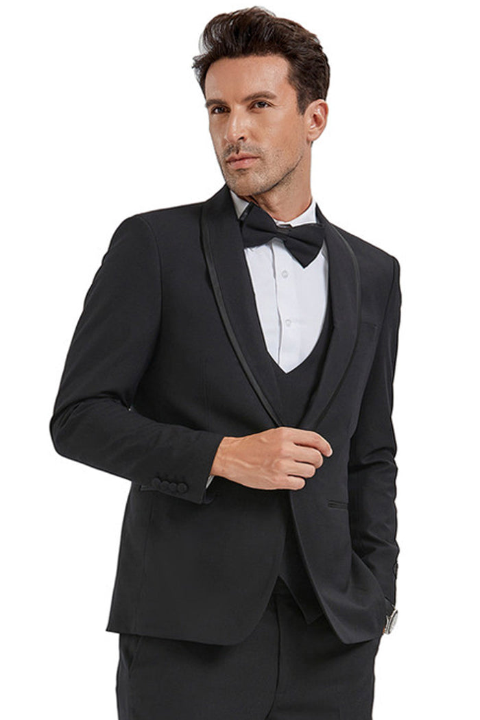Men's One Button Vested Shawl Tuxedo in Black Birdseye