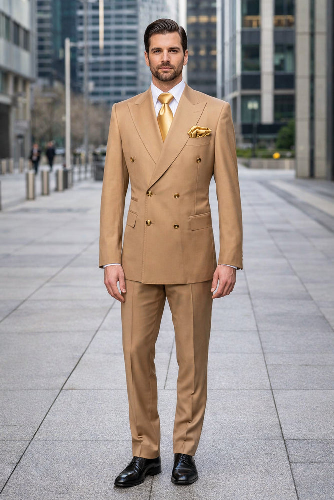 Savoy Camel Gold-Button Double-Breasted Suit