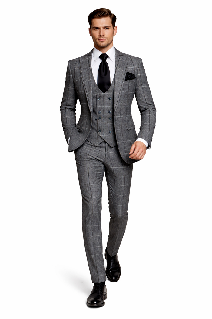 Charcoal Windowpane 3-Piece Executive Heritage Suit with Black Accents