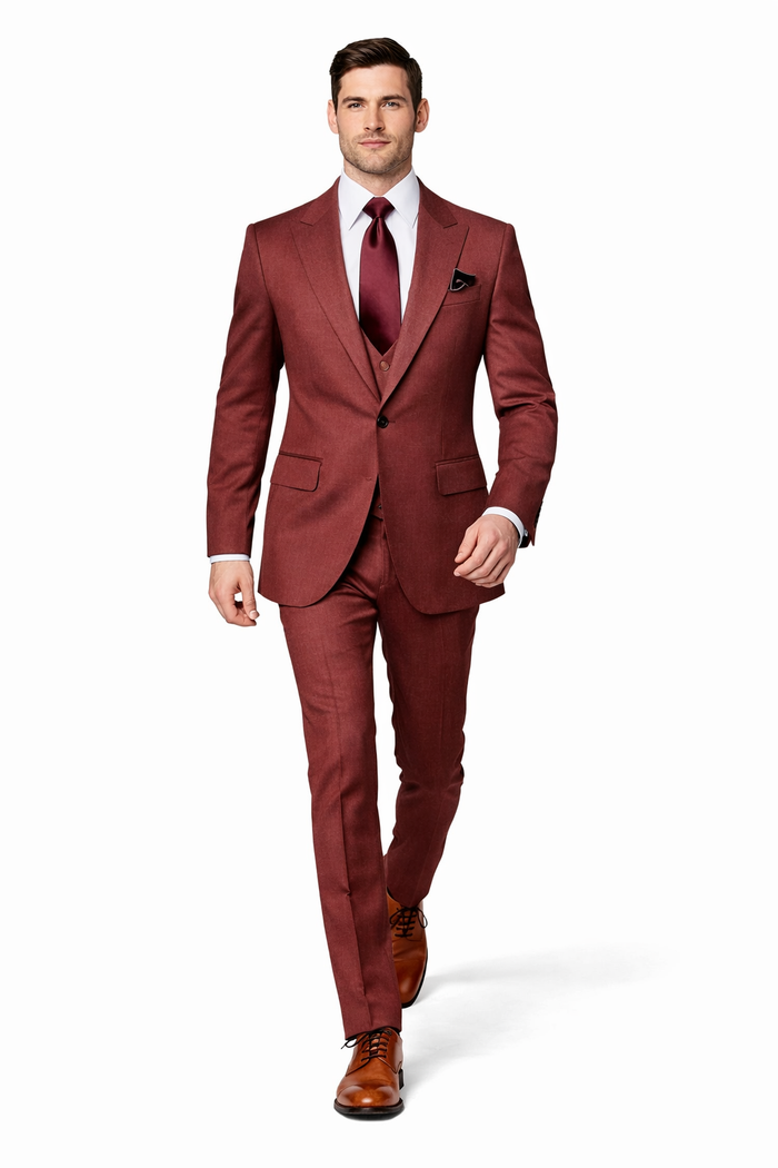 Chestnut Terra 3-Piece Modern Wedding Suit with Wine Satin