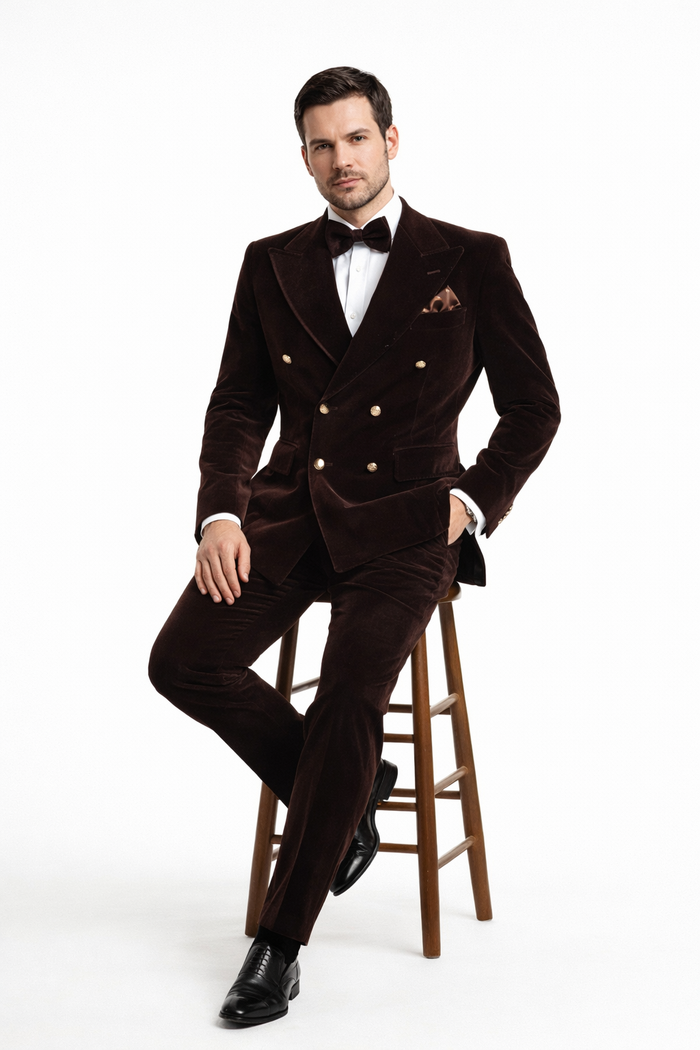 Cocoa Regent Velvet Double-Breasted Tuxedo Suit by Rossiman