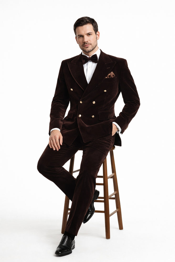 Cocoa Regent Velvet Double-Breasted Tuxedo Suit by Rossiman