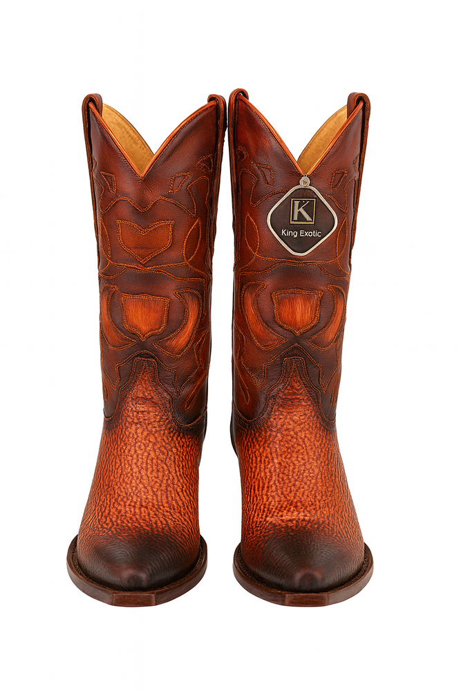 Men's King Exotic Snip Toe Sharkskin Boots Handcrafted Burnished Cognac (494RD0903)