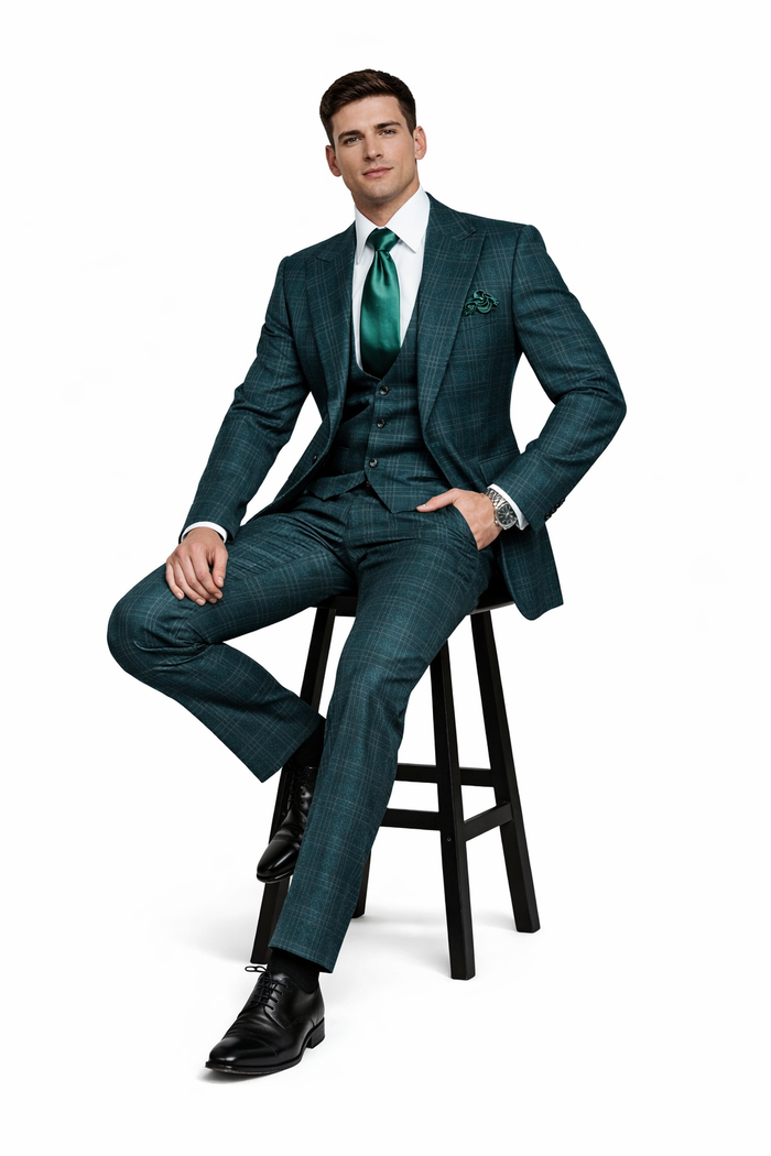 Deep Teal Crosshatch Plaid 3-Piece Tailored Suit with Satin Emerald