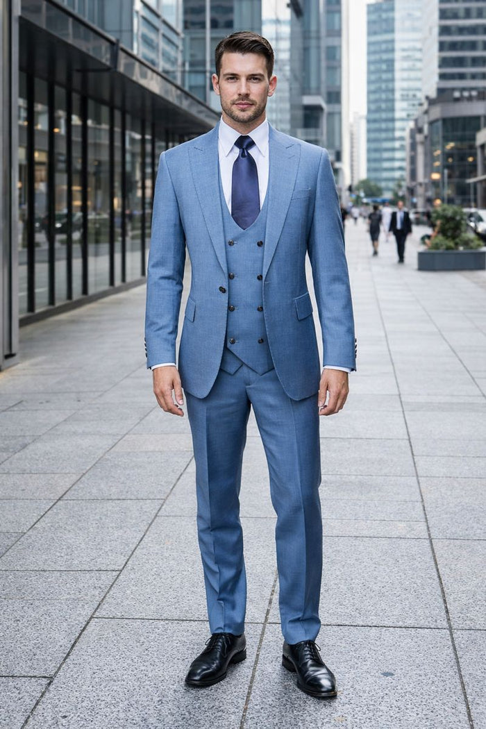 Dusty Blue Modern Tailored 3-Piece Formal Suit with Midnight Accents
