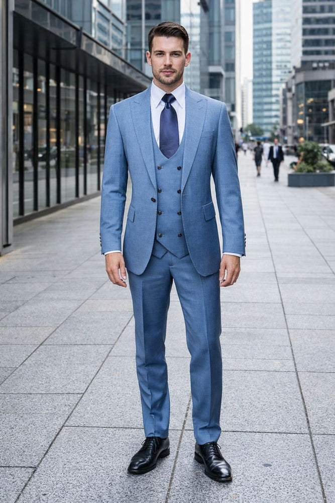 Dusty Blue Modern Tailored 3-Piece Formal Suit with Midnight Accents