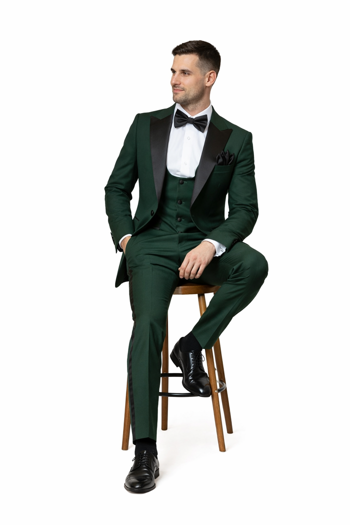 Emerald Regent Satin-Lapel 3-Piece Formal Tuxedo Suit by Rossiman