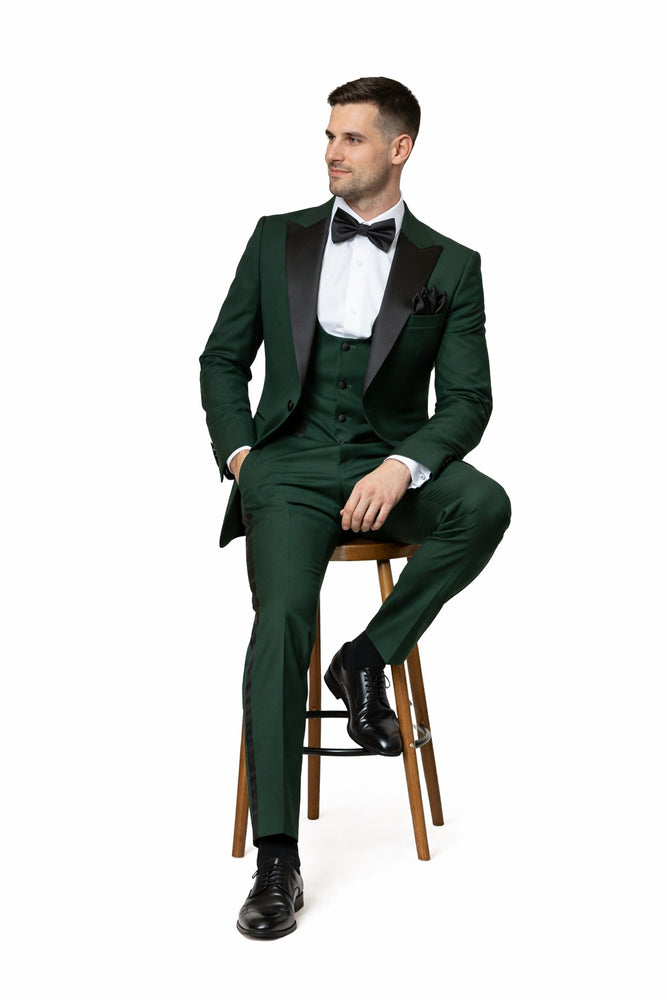 Emerald Regent Satin-Lapel 3-Piece Formal Tuxedo Suit by Rossiman