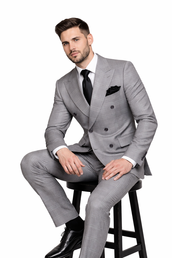 Grey Windowpane Double-Breasted 3-Piece Executive Suit