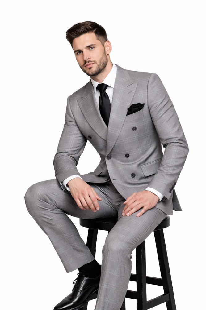 Grey Windowpane Double-Breasted 3-Piece Executive Suit