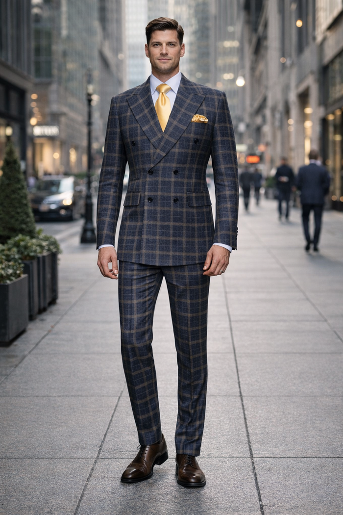 Highland Navy Camel Check Double-Breasted 3-Piece Suit
