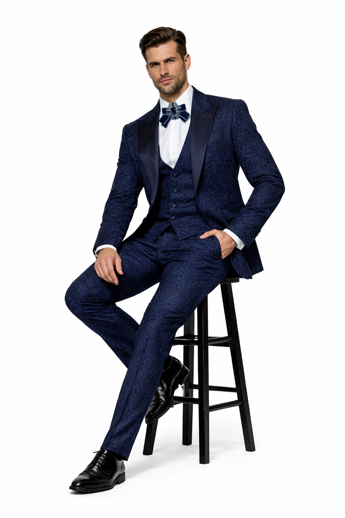 Midnight Bloom Navy Floral 3-Piece Couture Suit by Rossiman