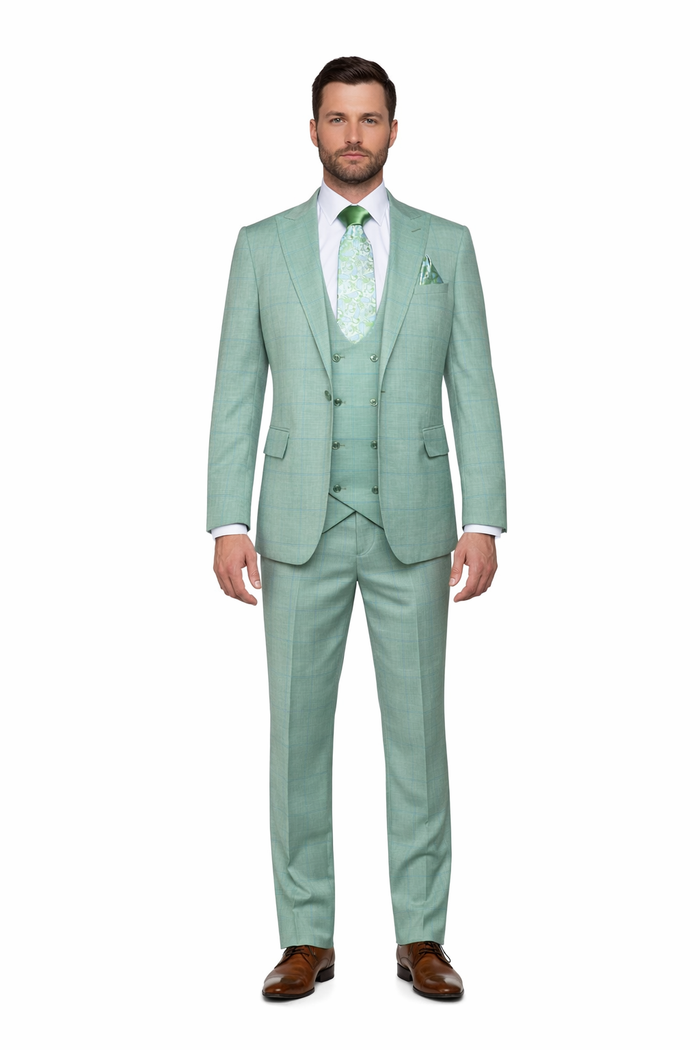 Mint Sage Windowpane 3-Piece Luxury Wedding Suit with Green Paisley Accents