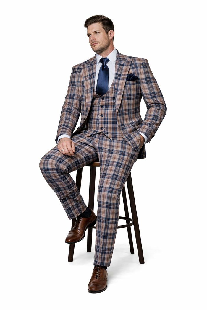 Navy Highland Check 3-Piece Plaid Wedding Suit