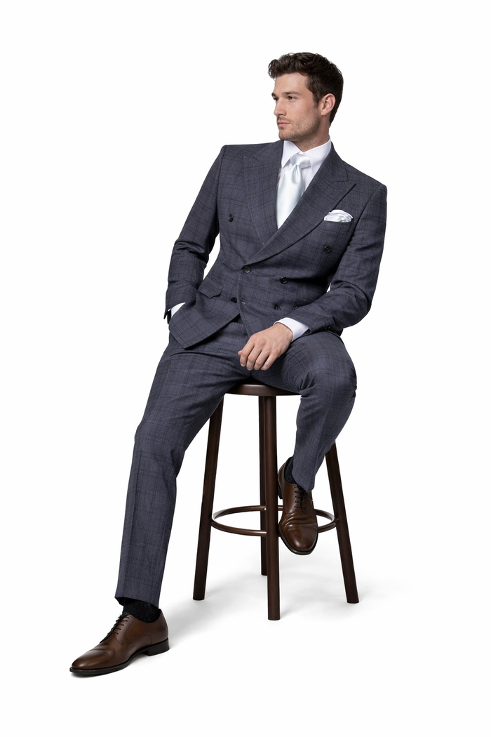 Navy Windsor Plaid Double-Breasted 3-Piece Luxury Suit by Rossiman