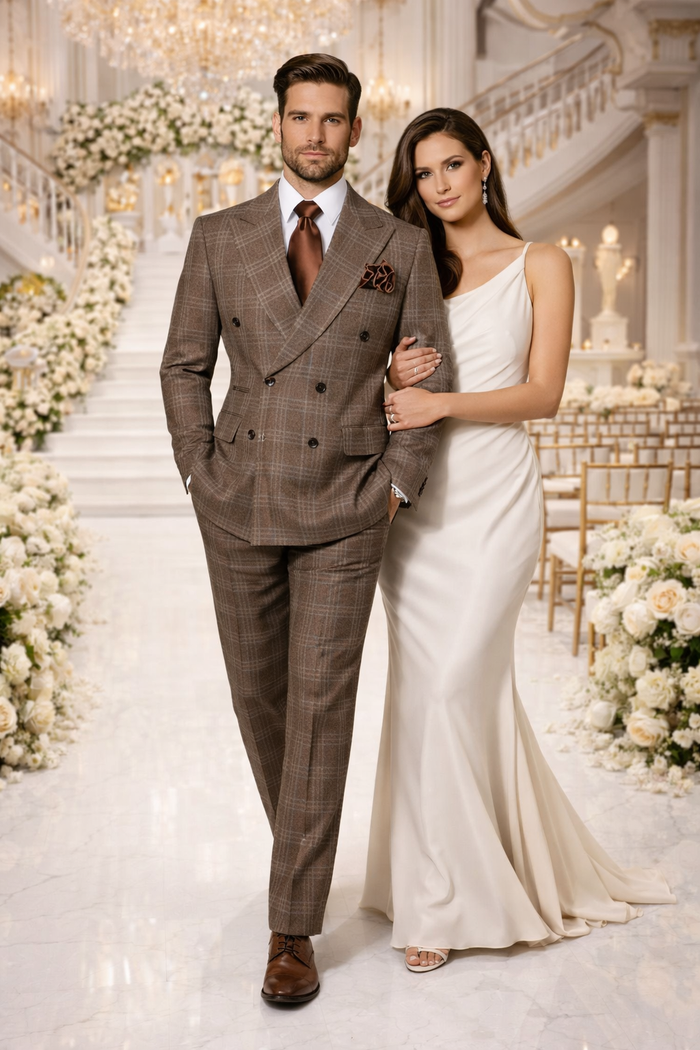 Brown Windsor Plaid Double-Breasted 3-Piece Executive Suit by Rossiman