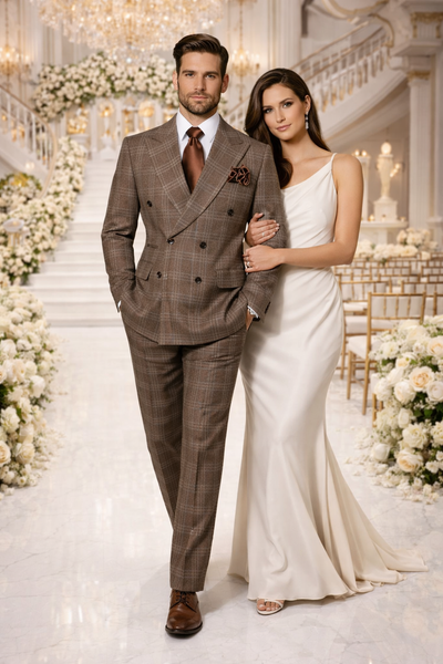 Brown Windsor Plaid Double-Breasted 3-Piece Executive Suit by Rossiman