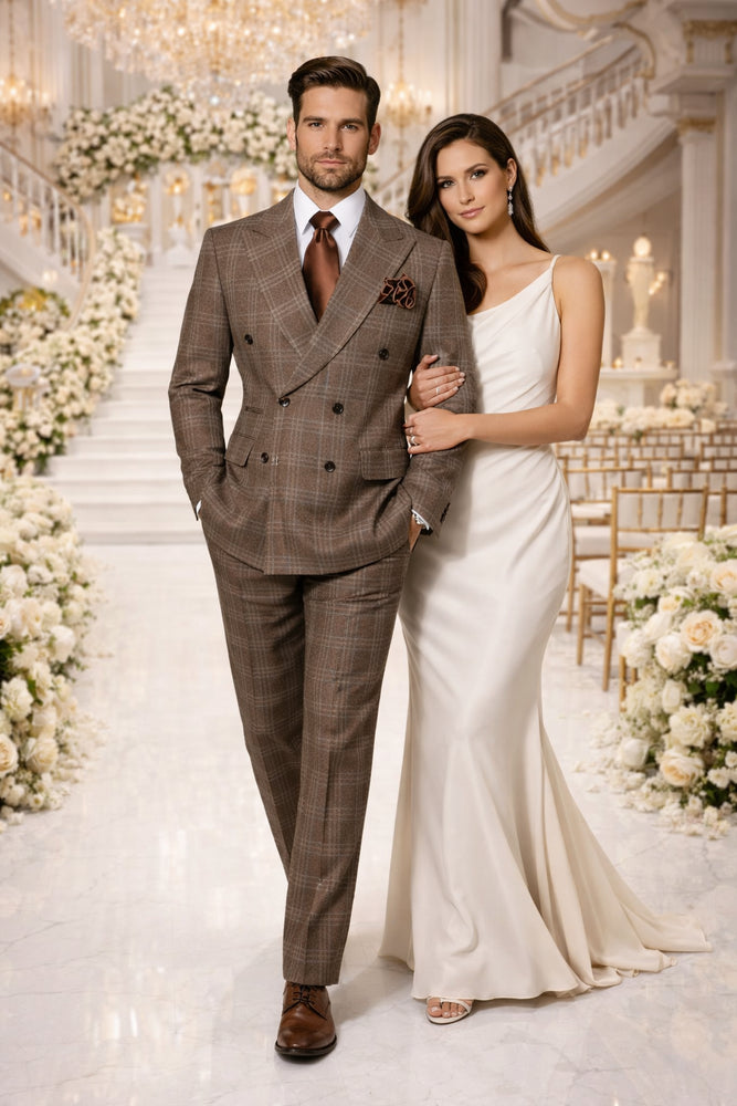 Brown Windsor Plaid Double-Breasted 3-Piece Executive Suit by Rossiman