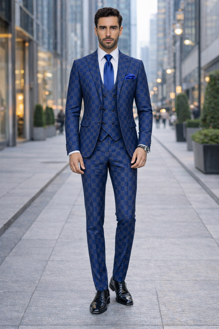 Royal Blue Checkered 3-Piece Executive Suit with Matching Vest