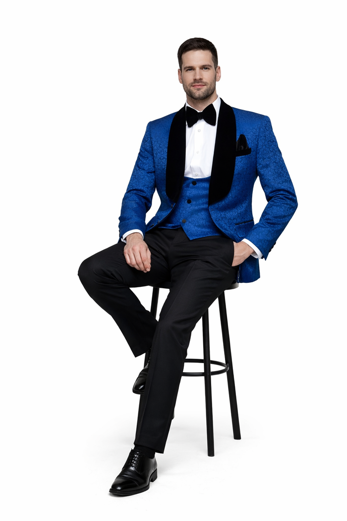 Rossiman Royal Midnight Blue Velvet-Lapel 3-Piece Gala Tuxedo Suit